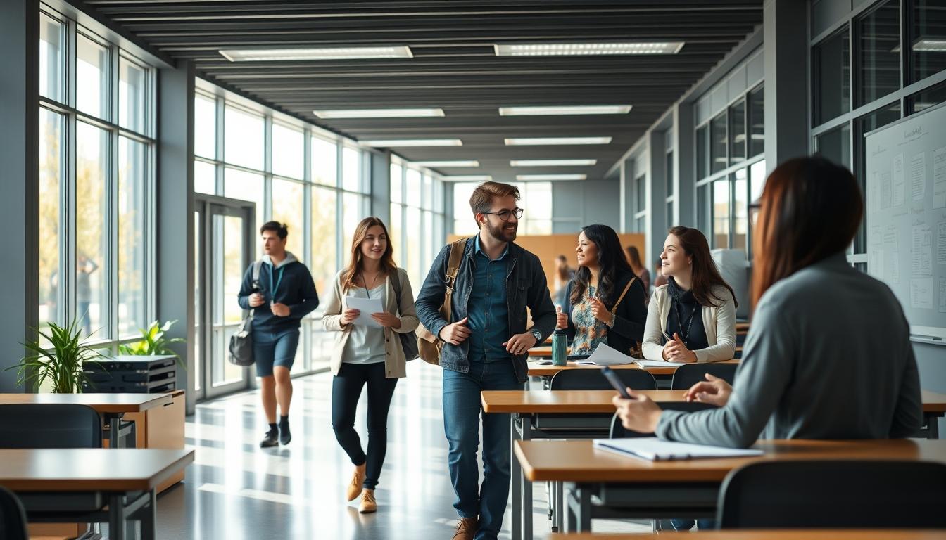 Students studying together in modern classroom